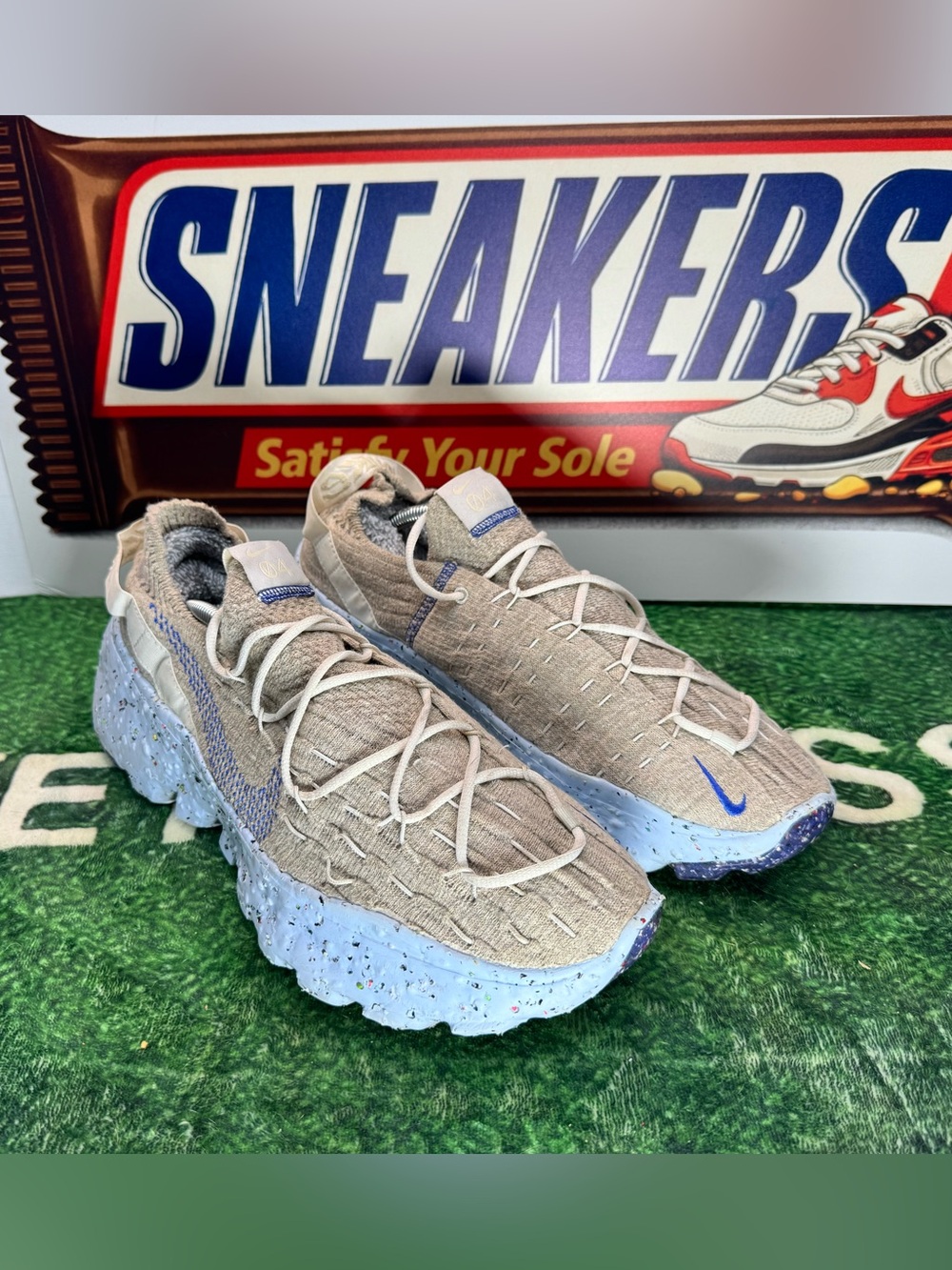 Nike Space Hippie 04 Light Tan Knit Sneakers with Blue Accents
